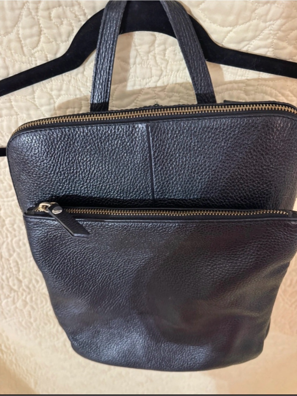 Minimalist Black Genuine Leather Backpack with Gold Zippers